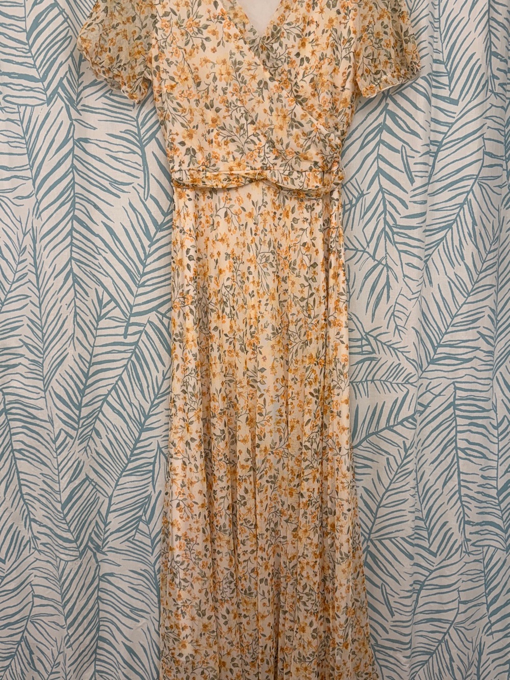 Cream Floral Wrap Maxi Dress with Yellow Accents